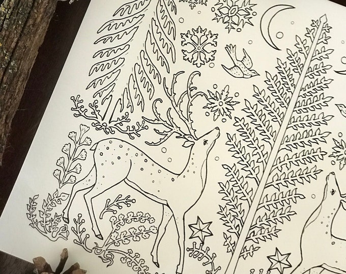 In the Winter Woods Coloring Page - Winter Deer - Digital Download
