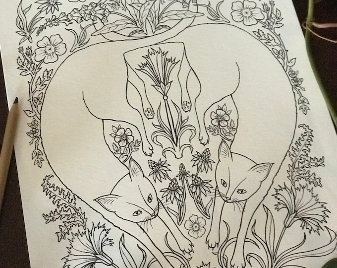 Cats in the Garden Coloring Page - Two Cats in the Garden - Digital Download