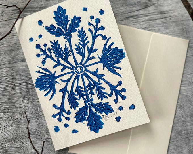Winterberry and Thistle Notecard - Handmade Blue Ink Block Print - 5x7 Blank Holiday Card
