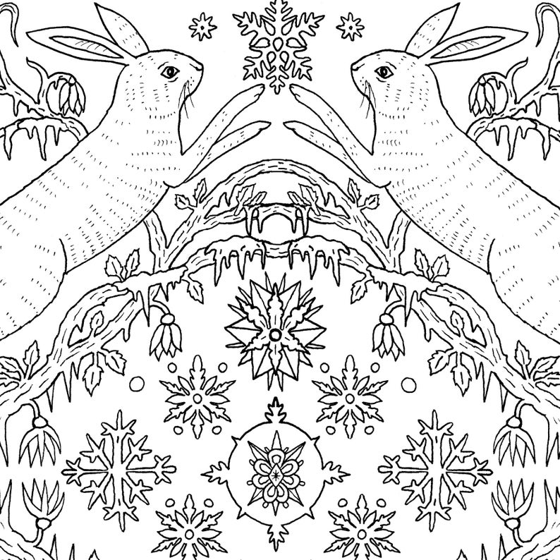 En la página para colorear de Winter Woods Conejos de invierno Descarga digital imagen 3