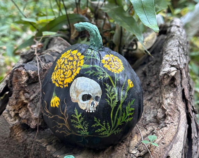 Skull and Marigolds - Hand-Sculpted and Painted Pumpkin
