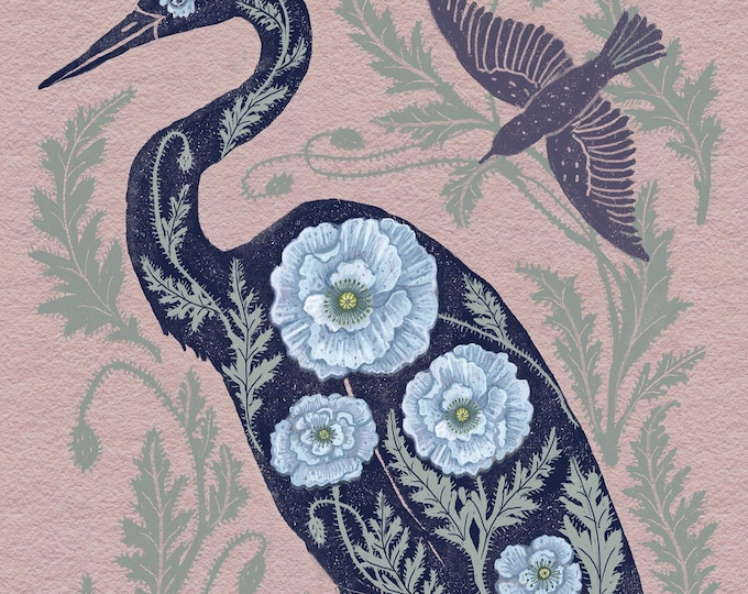Poppy Crane - Botanical Bird Art - Art Print
