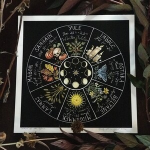 May include: A black and white illustration of a wheel of the year with the names of the eight sabbats and the corresponding dates. The wheel is surrounded by images of plants and animals associated with each sabbat.