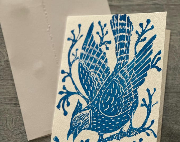 Blue Jay in the Branches - Handmade Blue Ink Block Print - 5x7 Blank Holiday Card