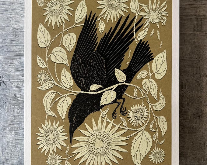 Sunflower Crow - Botanical Crow Art - Print
