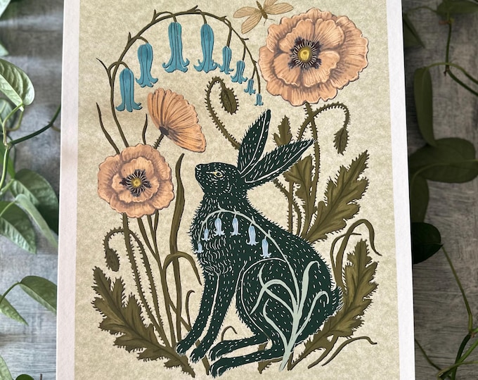 Hare with Poppies and Bluebells - Botanical Hare - Art Print