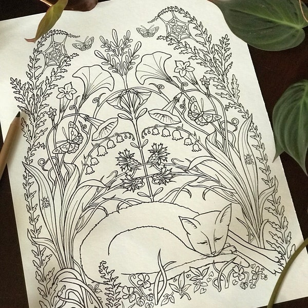 Cats in the Garden Coloring Page - Asleep in the Garden - Digital Download