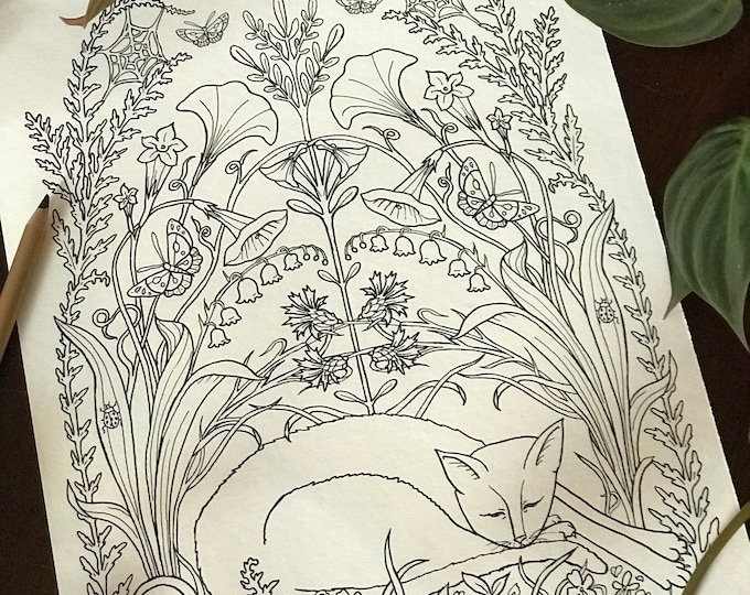Cats in the Garden Coloring Page - Asleep in the Garden - Digital Download