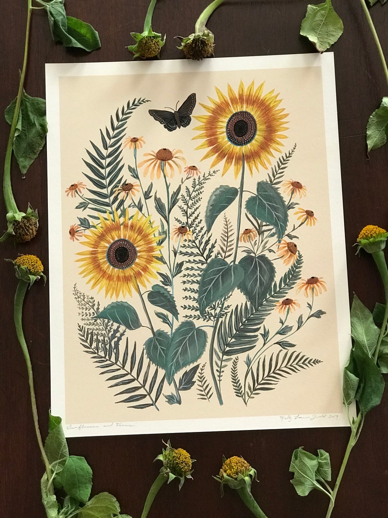 Sunflower and Ferns Print image 2