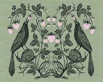 Birds and Snails with Strawberries - Print