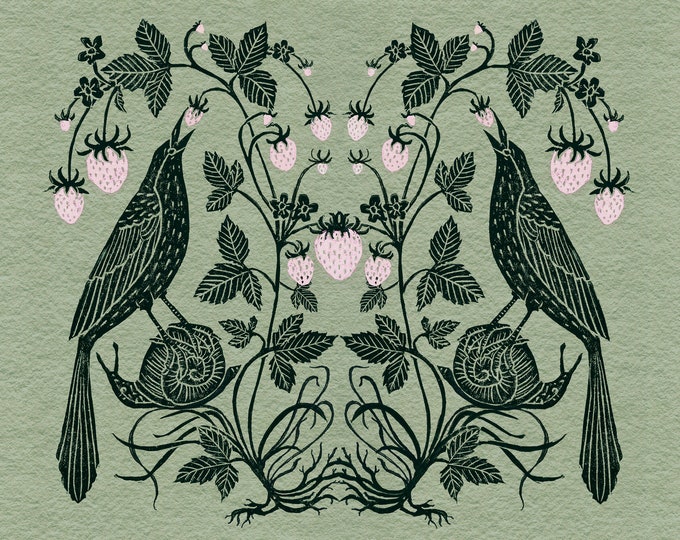 Birds and Snails with Strawberries - Print