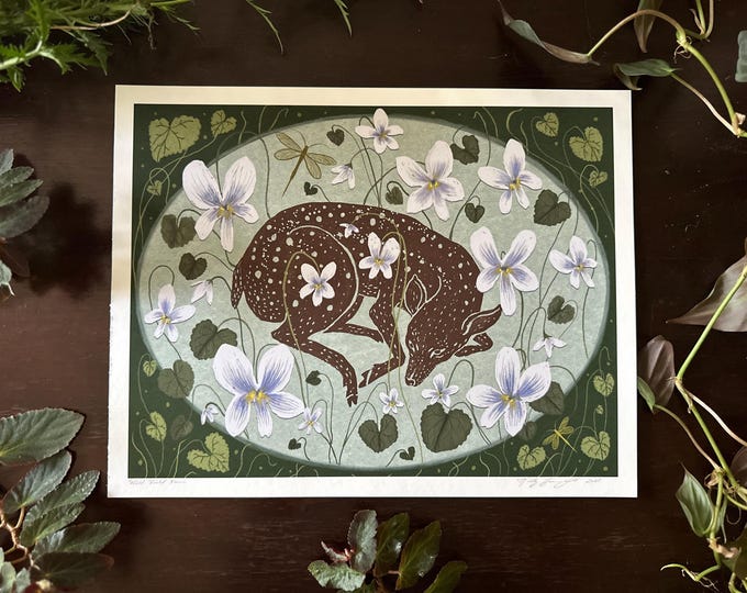 Wild Violet Fawn - Botanical Deer Art - Art Print