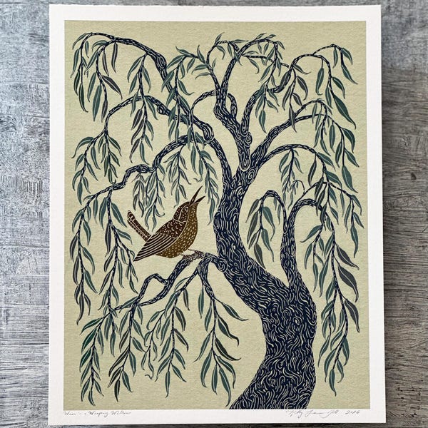 Wren in a Weeping Willow - Art Print
