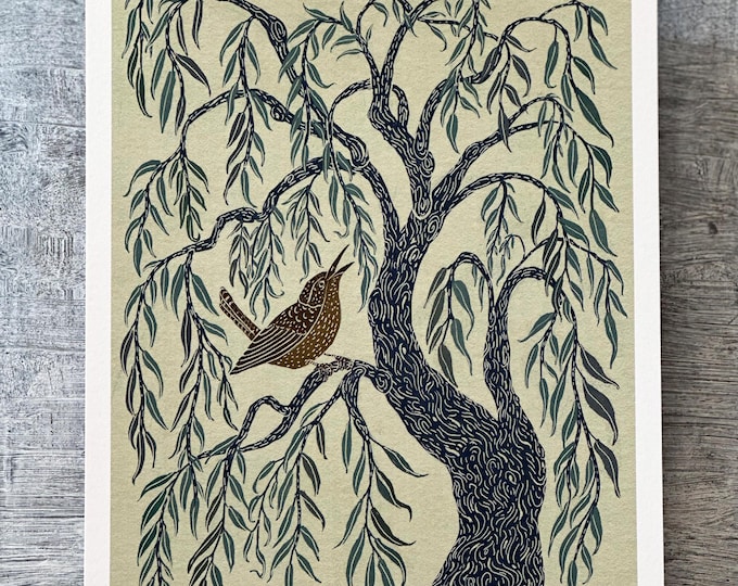 Wren in a Weeping Willow - Art Print