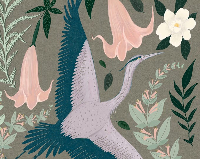 Heron in Bloom - Botanical Bird Art - Art Print