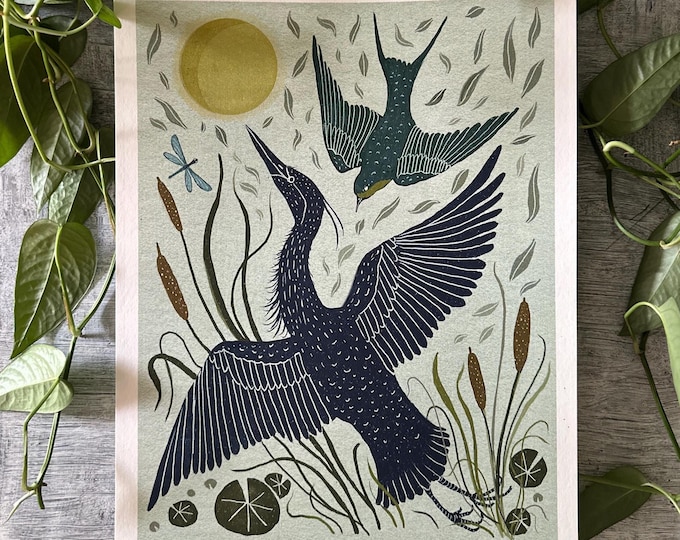 The Heron and the Swallow - Bird Art - Art Print