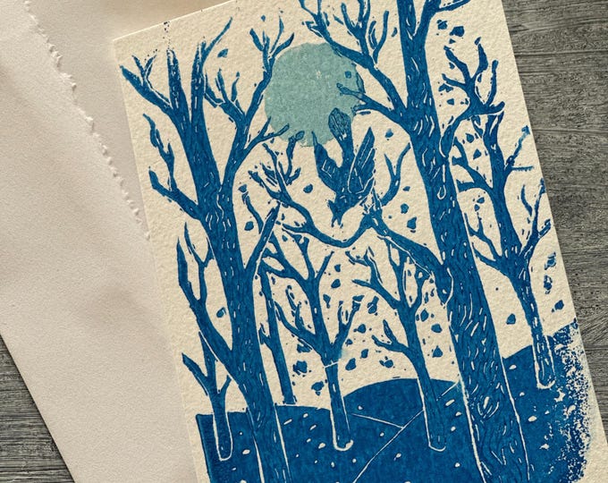 Blue Jay in the Winter Woods - Handmade Blue Ink Block Print - 5x7 Blank Holiday Card
