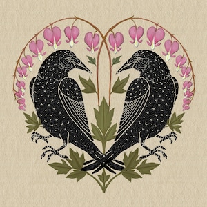 Bleeding Heart Crows - Botanical Crows - Art Print