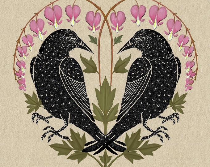 Bleeding Heart Crows - Botanical Crows - Art Print