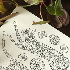 Cats in the Garden Coloring Page - Chasing Botanical Cats - Digital Download