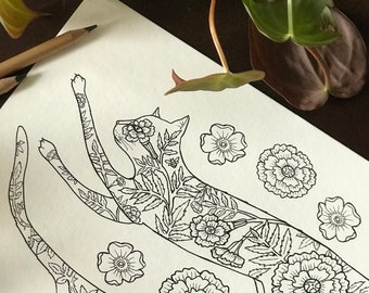 Cats in the Garden Coloring Page - Chasing Botanical Cats - Digital Download