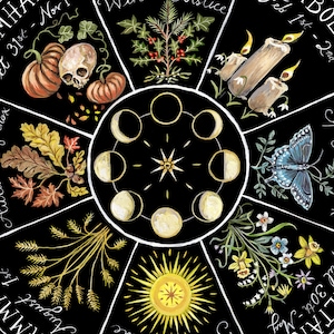May include: A black and white illustration of a wheel with 12 sections. Each section features a different symbol representing a month of the year. The symbols include a skull, a holly bush, candles, a crescent moon, autumn leaves, wheat, a sun, flowers, a butterfly, a pumpkin, and a star.
