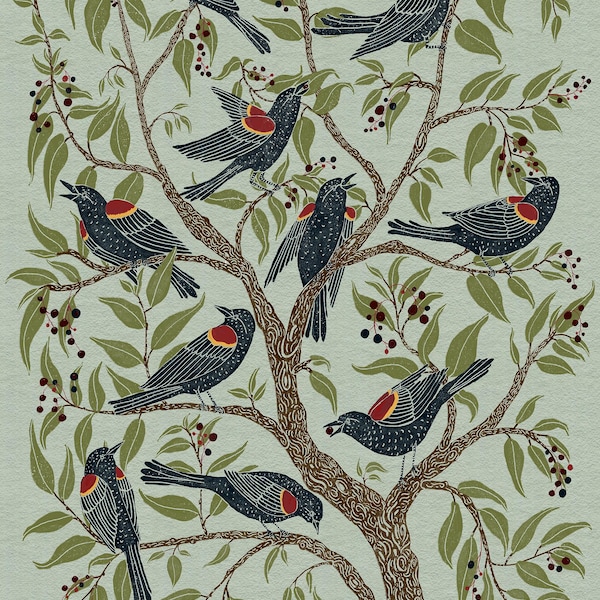 Blackbirds in the Black Cherry Tree - Bird Art - Art Print