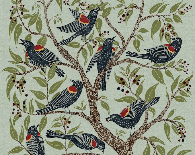 Blackbirds in the Black Cherry Tree - Bird Art - Art Print