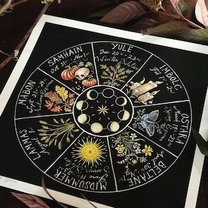 May include: A black and white illustration of a wheel with the names of the eight pagan holidays and their dates. The wheel is surrounded by images of the seasons, including pumpkins, candles, flowers, and a butterfly.