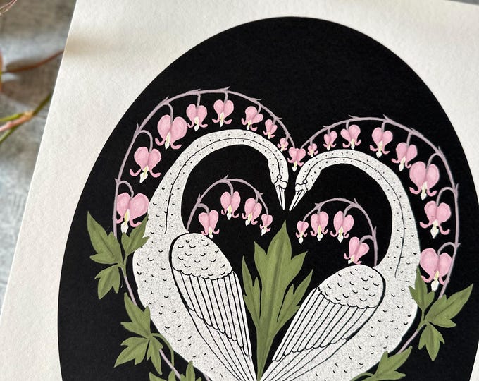 Swan Love - Botanical Bleeding Hearts - Art Print