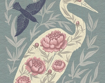 Peony Crane - Botanical Bird Art - Art Print