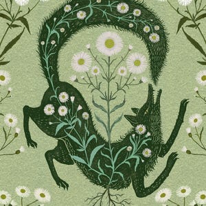 May include: A green wolf silhouette with white flowers growing from its body and roots. The wolf is curled into a circle with its tail over its back. The background is a light green.