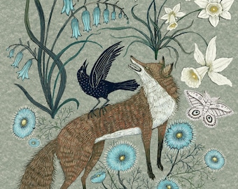 May include: A whimsical illustration of a fox with a black bird perched on its back, surrounded by blue and white flowers. The fox is looking up and the bird is singing. A white moth with black markings is flying near the fox's head.