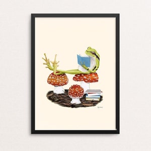 Frog Reader -The Enthusiasts print - Mushrooms - Books - Gallery Wall - Animal Art  - Woodland Nursery - Kids Room