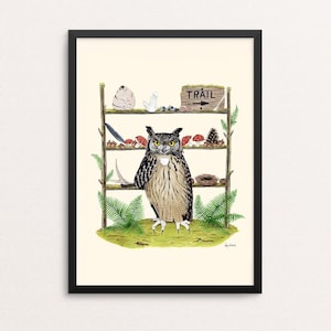 Owl Collector -The Enthusiasts print - Forest Finds - Mushrooms - Gallery Wall - Animal Art  - Woodland Nursery - Kids Room