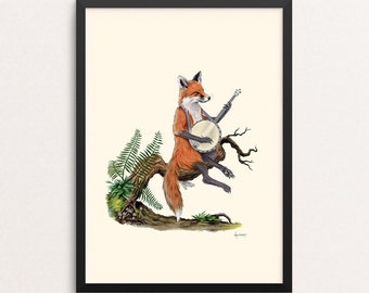 Fox Musician -The Enthusiasts print - Banjo - Gallery Wall - Animal Art  - Woodland Nursery - Kids Room