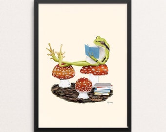 Frog Reader -The Enthusiasts print - Mushrooms - Books - Gallery Wall - Animal Art  - Woodland Nursery - Kids Room