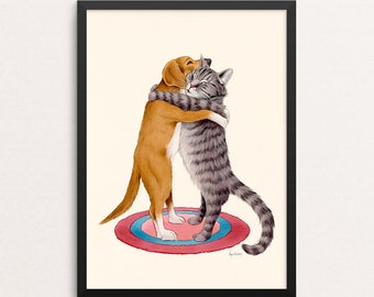 Adoration - Nothing But Hugs print - Cat - Dog - Hugging - Gallery Wall - Animal Art -Friendship - Ryan Berkley - Kids Room Decor