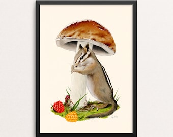 Shelter in Place - Nothing But Hugs print - Chipmunk - Mushroom  - Gallery Wall - Animal Art - Friendship - Woodland Nursery - Kids Room