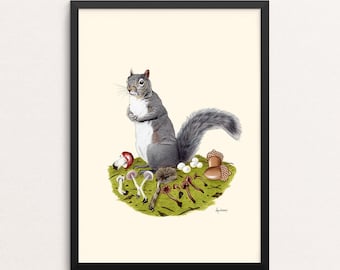 Squirrel Forager -The Enthusiasts print - Foraging - Mushrooms - Gallery Wall - Animal Art  - Woodland Nursery - Kids Room