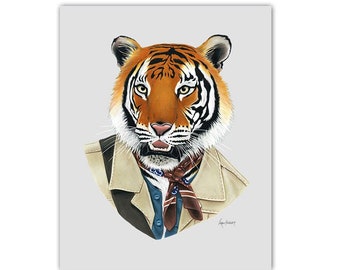 Tiger print animal art - tiger print -dapper animals - unique gift - groomsmen gift - guy gift - Ryan Berkley Illustration 11x14