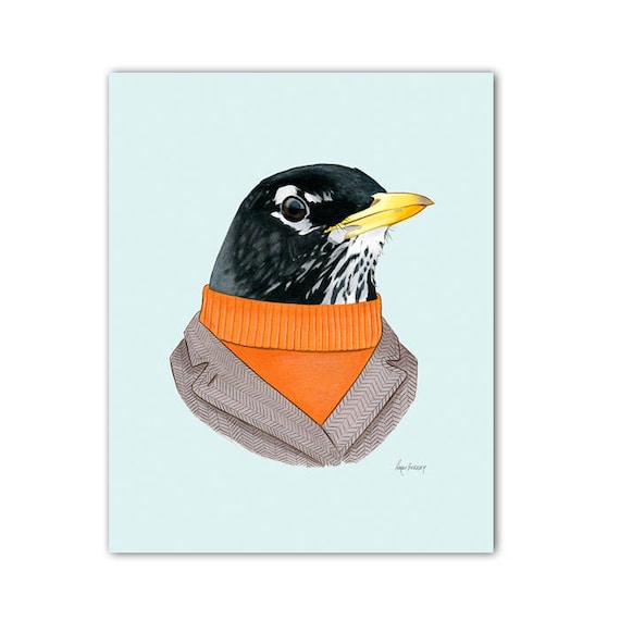 Dapper Robin Gentleman Woodland Art print for Kids Nursery or Fun Living Room by Ryan Berkley 5x7