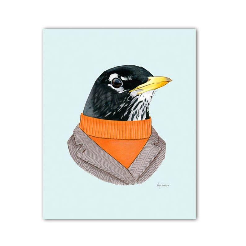 May include: A black and white robin wearing a gray tweed jacket and an orange turtleneck sweater. The bird is looking to the right of the image.
