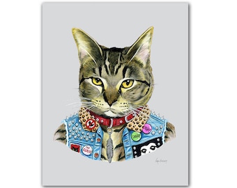 Punk Cat, Art Print, Pet Portrait, Animals in Clothes, Animal Art, Punk Rock, Tabby Cat, Ryan Berkley Illustration, 8x10, Cat Lover Gift
