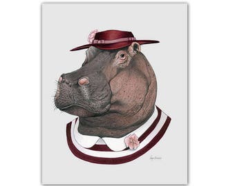 Hippo art print - Animal art - Nursery art - Nursery decor - Animals in Clothes - Children's art - Ryan Berkley Illustration 5x7