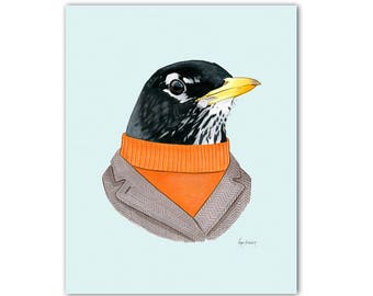 Robin art print - Woodland nursery - Nursery art - Woodland animals - Animals in Clothes - Bird Artwork - Ryan Berkley Illustration 8x10