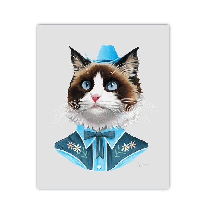 Cowboy Cat art print - Animales en ropa - Arte animal - Gato Ragdoll - Retrato de mascota - Western Wear - Ryan Berkley Illustration