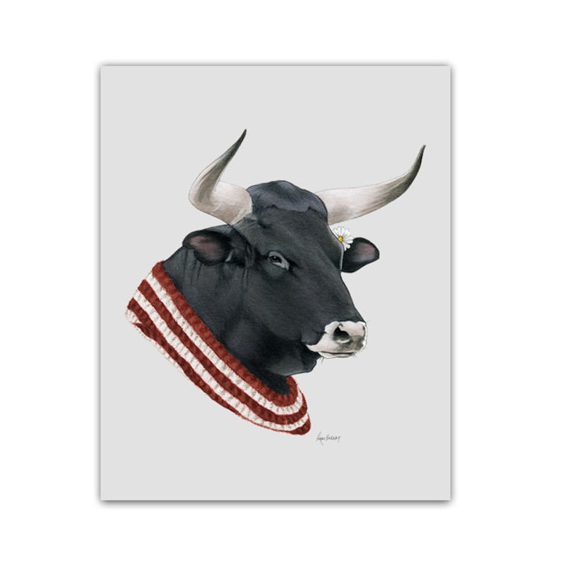 Bull print 8x10 Animal art Animal prints Farm Animals Dapper Animals Cow Ferdinand relative Ryan Berkley Berkley Illustration image 1