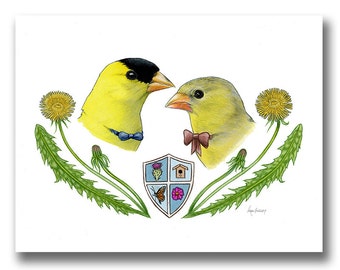 Goldfinch Bird Couple art print - Anniversary Gift - Wedding Gift - Backyard Birds - Dandelion -  Ryan Berkley Illustration - Birds