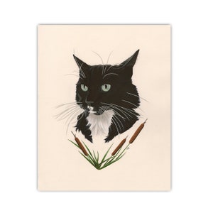 May include: A black and white cat with green eyes, looking to the left. The cat has a white patch on its chest. The cat is surrounded by brown cattails with green leaves.